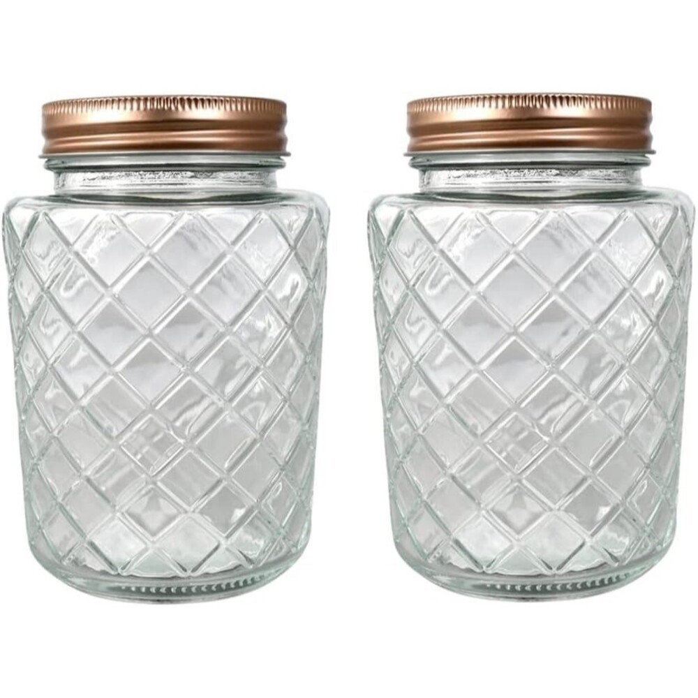 2) Decorative Glass Jar Copper Lid Lattice Diamond Pattern Storage Container NEW